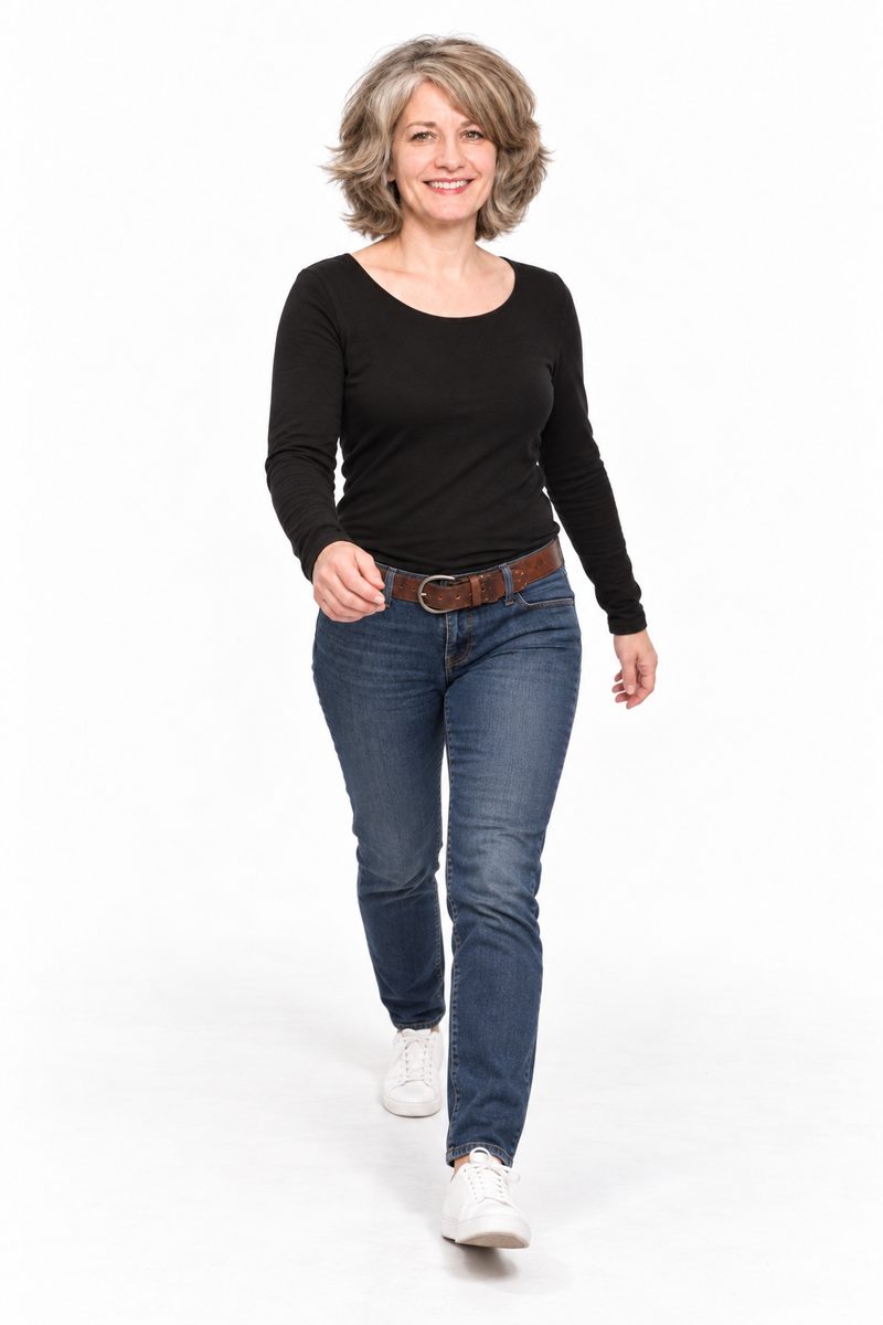 Véronique Vallery, en pied, qui marche vers vous en souriant
